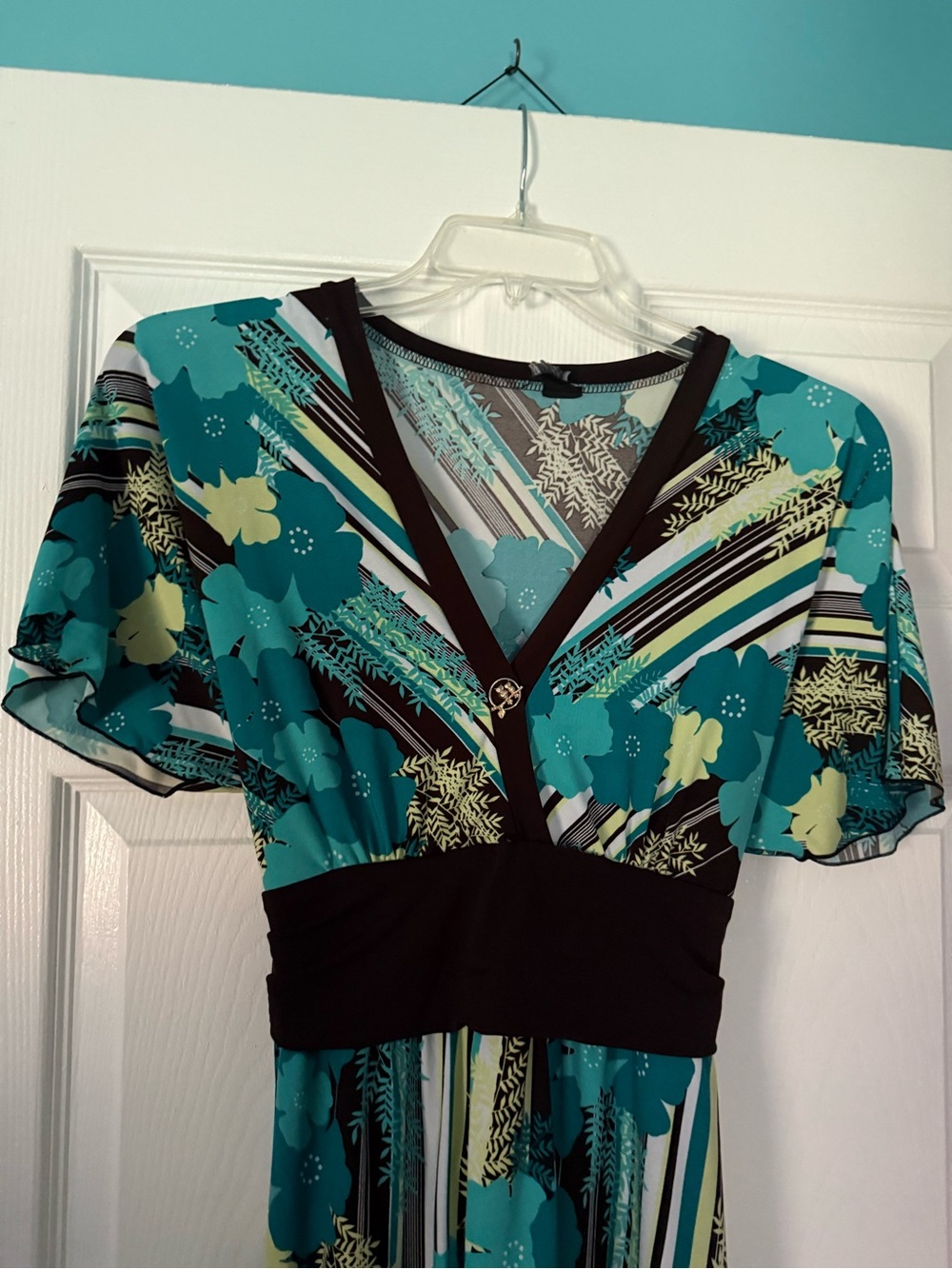 Teal Floral V-Neck Flutter Sleeve Tunic with Black Waistband